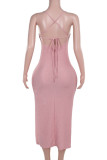 Pink Elegant Solid Color Patchwork High Slit Spaghetti Strap Sling Dresses