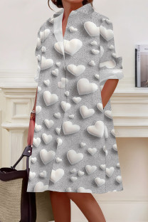 Silver Gray Casual Print Pocket Buckle Patchwork Shirt Collar Shirt Dresses