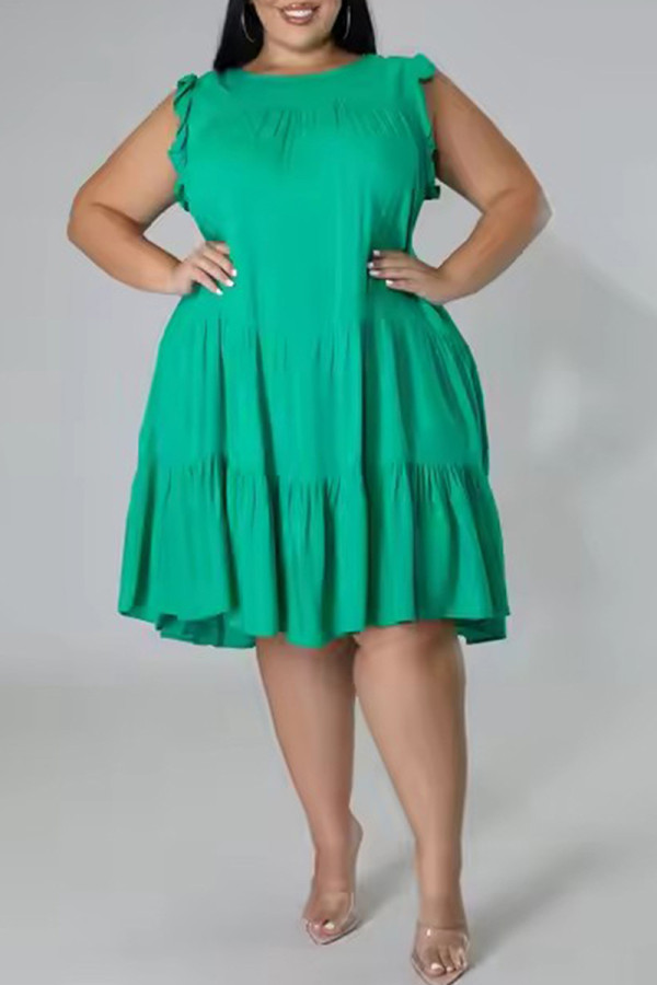 Green Casual Solid Color Patchwork O Neck Straight Dresses