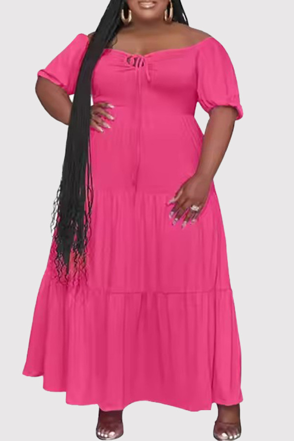Rose Red Casual Solid Color Patchwork Backless Off Shoulder Long Dresses