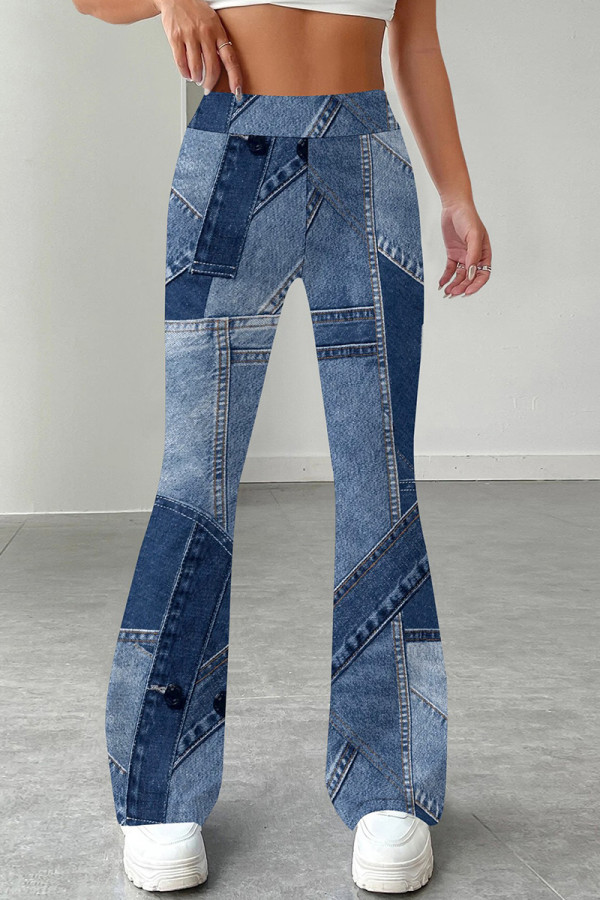 Blue Casual Print Patchwork Regular Mid Waist Speaker Full Print Bottoms