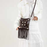 Black Daily Solid Color Fringed Trim Rivets Bags