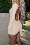 Apricot Sexy Solid Color Patchwork Backless Bow Decor O Neck Wrapped Skirt Dresses