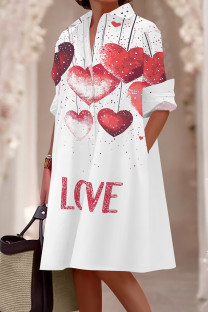 White Red Casual Print Pocket Buckle Patchwork Shirt Collar Shirt Dresses