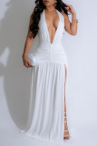 Black Sexy Formal Elegant Solid Color Backless Slit Ruched Belted Deep V Neck Long Dresses