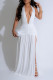 White Sexy Formal Elegant Solid Color Backless Slit Ruched Belted Deep V Neck Long Dresses
