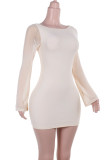 Apricot Sexy Solid Color Patchwork Backless Bow Decor O Neck Wrapped Skirt Dresses