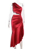 Red Elegant Solid Color Hollow Out Patchwork High Slit Oblique Collar Irregular Dresses