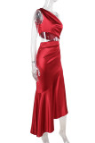 Red Elegant Solid Color Hollow Out Patchwork High Slit Oblique Collar Irregular Dresses