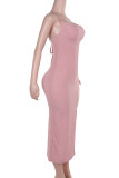 Pink Elegant Solid Color Patchwork High Slit Spaghetti Strap Sling Dresses