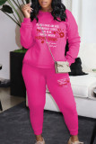 Rose Red Casual Letters Patchwork O Neck Long Sleeve Two Pieces