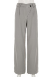 Grey Casual Solid Color Pocket Buttons Patchwork Zipper Loose Mid Waist Conventional Patchwork Bottoms