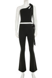 Black Casual Solid Color Hollow Out Patchwork Backless Oblique Collar Two Pieces