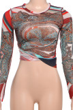 Brown Casual Print Patchwork O Neck Tops