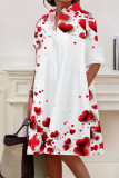 White Red Casual Print Buckle Patchwork Shirt Collar Shirt Dresses