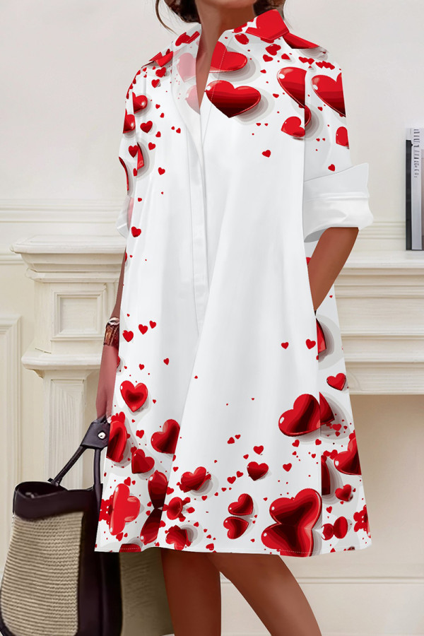 White Casual Print Buckle Patchwork Shirt Collar Shirt Dresses