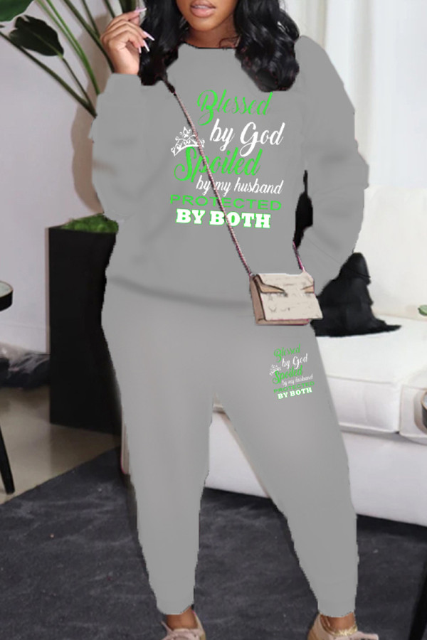 Grey Casual Letters Patchwork O Neck Long Sleeve Two Pieces