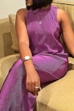 Purple Casual Solid Color Patchwork O Neck Two Pieces