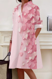 Pink Casual Print Pocket Buckle Patchwork Shirt Collar Shirt Dresses