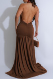 Black Sexy Formal Elegant Solid Color Backless Slit Ruched Belted Deep V Neck Long Dresses