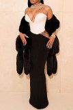 Black And White Elegant Hollow Out Patchwork Contrast Strapless Long Dresses