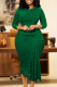 Green Elegant Solid Color Lace Patchwork Ruched O Neck Wrapped Skirt Dresses