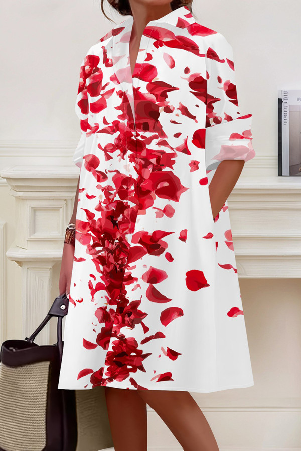 White Red Casual Print Buckle Patchwork Shirt Collar Shirt Dresses