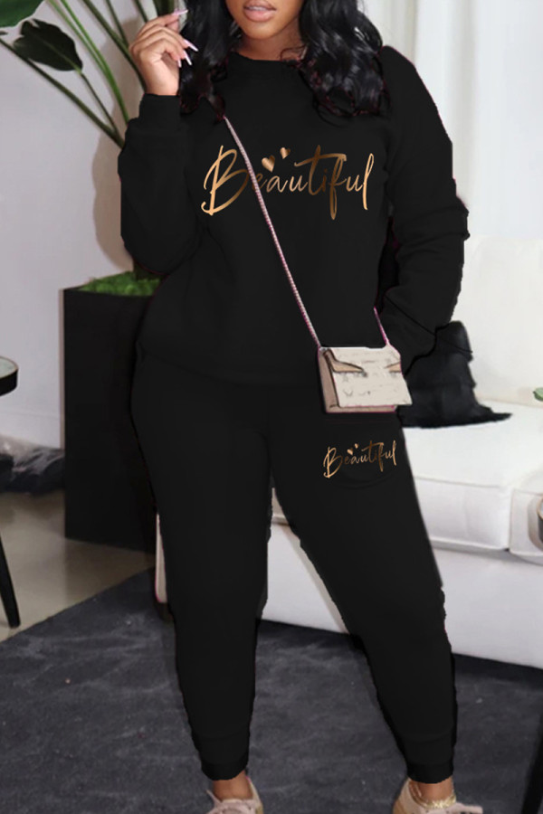 Black Casual Letters Patchwork O Neck Long Sleeve Two Pieces