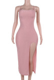 Pink Elegant Solid Color Patchwork High Slit Spaghetti Strap Sling Dresses