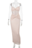 Skin Color Elegant Solid Color Patchwork Backless Spaghetti Strap Sling Dresses