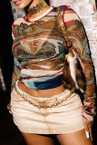 Brown Casual Print Patchwork O Neck Tops