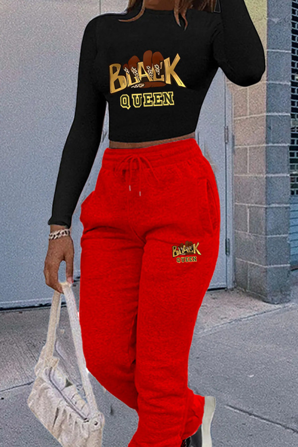 Black Red Casual Print Draw String Patchwork O Neck Long Sleeve Two Pieces