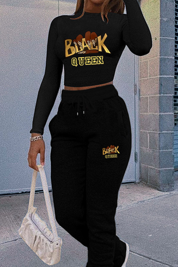 Black Casual Print Draw String Patchwork O Neck Long Sleeve Two Pieces