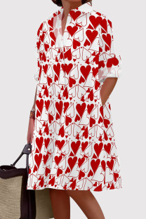 Red White Casual Print Pocket Buckle Patchwork Shirt Collar Shirt Dresses