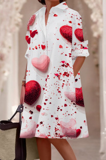 White Casual Print Pocket Buckle Patchwork Shirt Collar Shirt Dresses