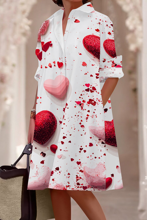 White Casual Print Pocket Buckle Patchwork Shirt Collar Shirt Dresses
