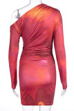 Red Casual Print Patchwork Oblique Collar Wrapped Skirt Dresses