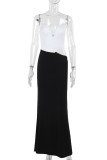 Black And White Elegant Hollow Out Patchwork Contrast Strapless Long Dresses