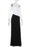 Black And White Elegant Hollow Out Patchwork Contrast Strapless Long Dresses