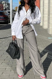 Grey Casual Solid Color Pocket Buttons Patchwork Zipper Loose Mid Waist Conventional Patchwork Bottoms