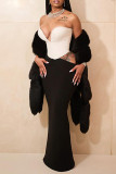 Black And White Elegant Hollow Out Patchwork Contrast Strapless Long Dresses