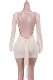 Apricot Sexy Solid Color Patchwork Backless Bow Decor O Neck Wrapped Skirt Dresses