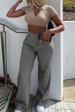 Grey Casual Solid Color Pocket Buttons Patchwork Zipper Loose Mid Waist Conventional Patchwork Bottoms