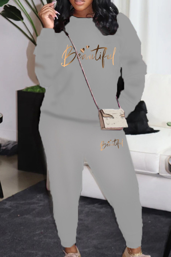Grey Casual Letters Patchwork O Neck Long Sleeve Two Pieces