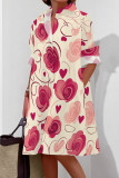 Pink Casual Print Pocket Buckle Patchwork Shirt Collar Shirt Dresses