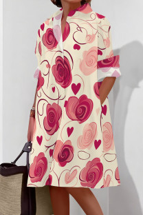 Cream White Casual Print Pocket Buckle Patchwork Shirt Collar Shirt Dresses