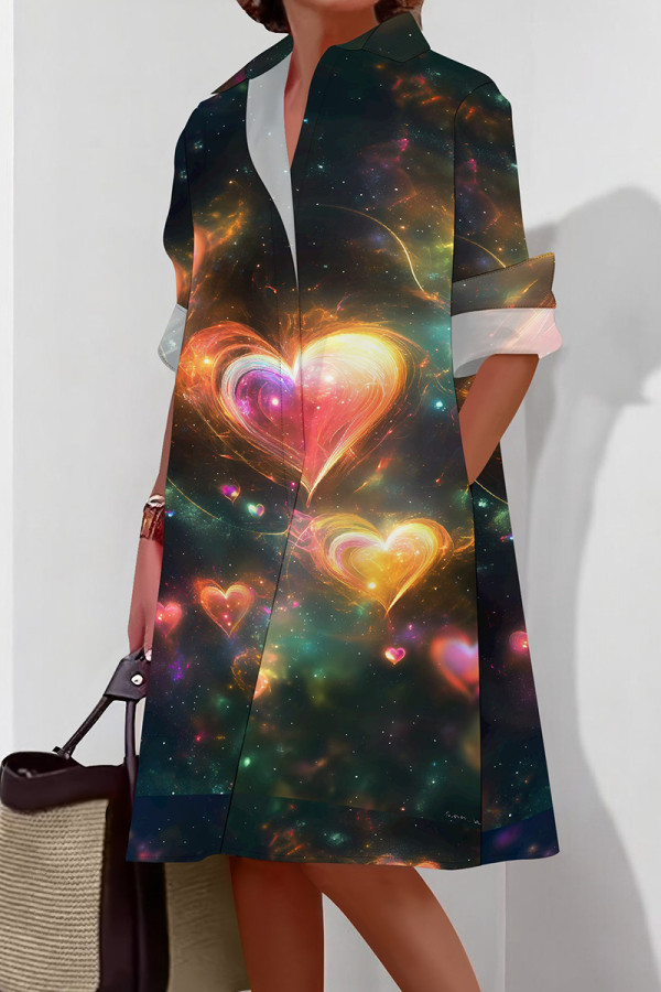 Black Casual Print Buckle Patchwork Shirt Collar Shirt Dresses