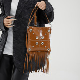 Black Daily Solid Color Fringed Trim Rivets Bags