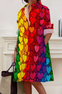 Gradient Color Casual Print Pocket Buckle Patchwork Shirt Collar Shirt Dresses