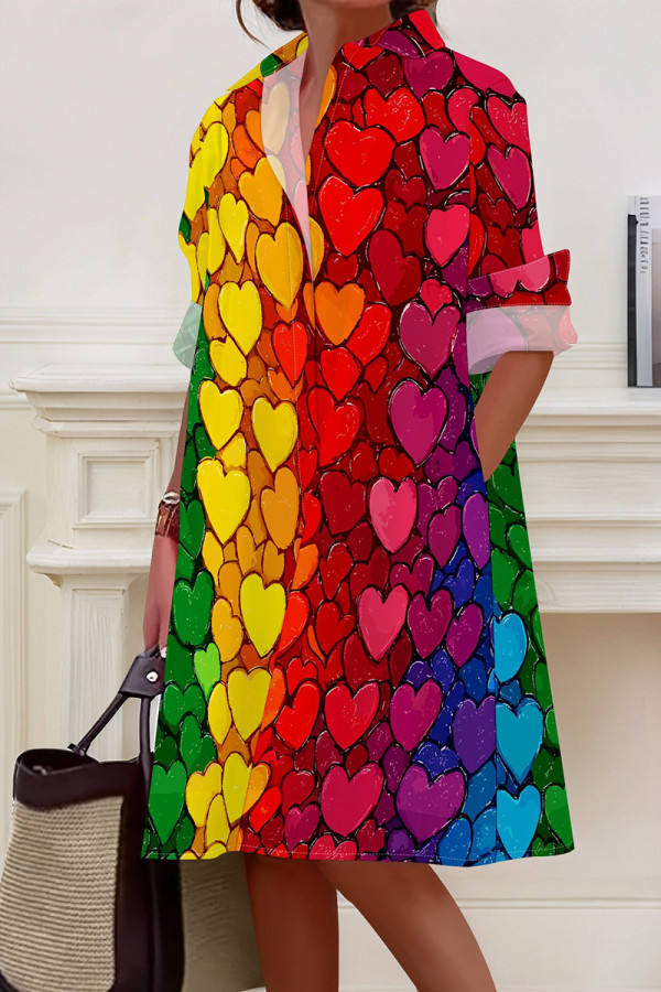 Gradient Color Casual Print Pocket Buckle Patchwork Shirt Collar Shirt Dresses